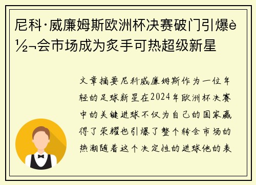 尼科·威廉姆斯欧洲杯决赛破门引爆转会市场成为炙手可热超级新星
