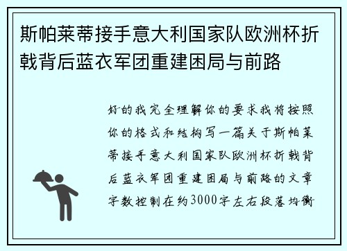 斯帕莱蒂接手意大利国家队欧洲杯折戟背后蓝衣军团重建困局与前路 斯帕莱蒂接手意大利国家队欧洲杯折戟背后蓝衣军团重建困局与前路
